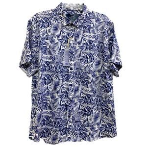 Free Line Athens Linen Shirt Men’s L/XL Short Sleeve Button Up Blue Leaf Print.